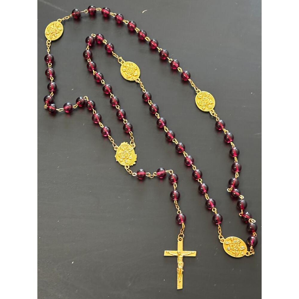 Vintage Gold Tone Rosary Ruby Red Glass Beads